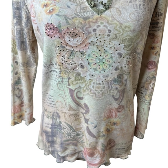 Y2K Vintage One World Floral Rhinestone Embellished Cotton Blend USA Made Blouse - Picture 5 of 9
